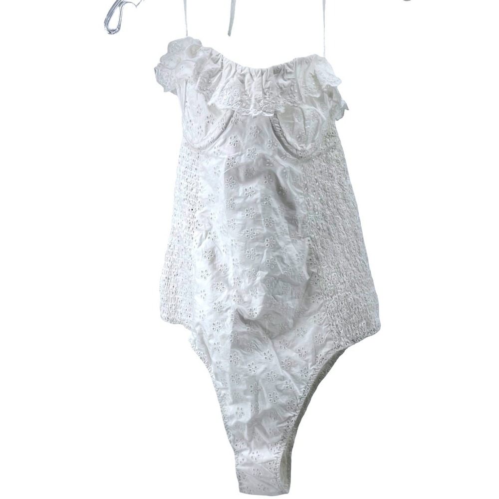 DOEN Women Swimsuit One Piece Eyelet Ruffle White Cotton Large NWOT